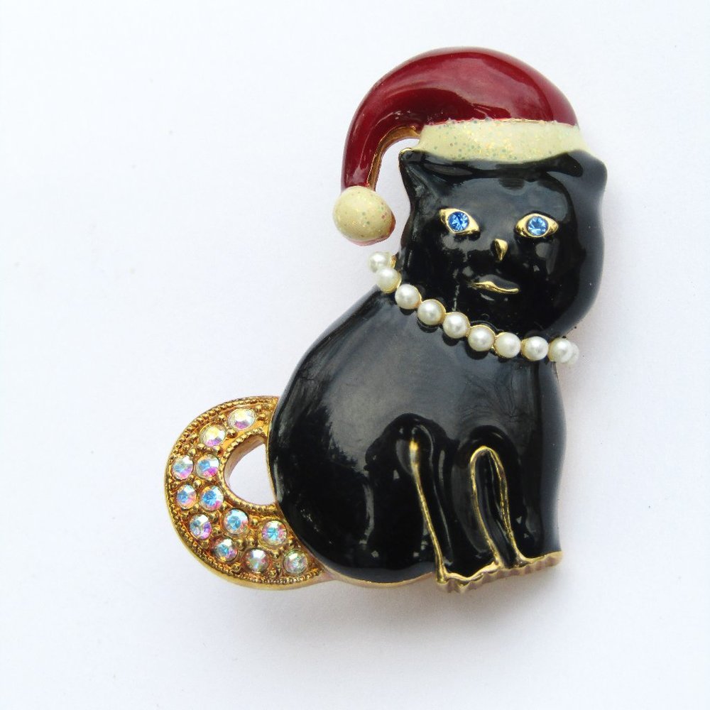 Vintage Black Cat Brooch Christmas Hat Pearls Rhinestone
